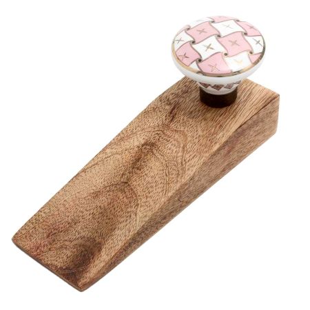 Pink and White Golden Checkerboard Ceramic Wooden Door Stopper